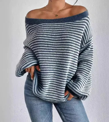 Women's Off-Shoulder Color Block Sweater